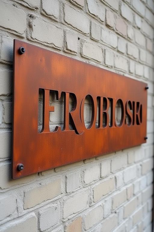 A custom, rust-finished steel sign for a boutique clothing store, with letters cut out by hand.