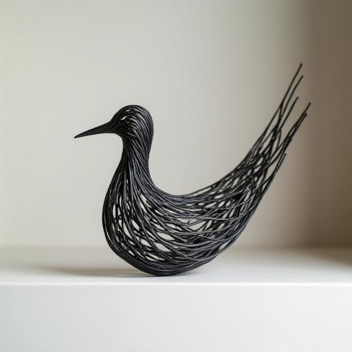 A small, abstract sculpture of a bird forged from twisted steel rods, sitting on a shelf.